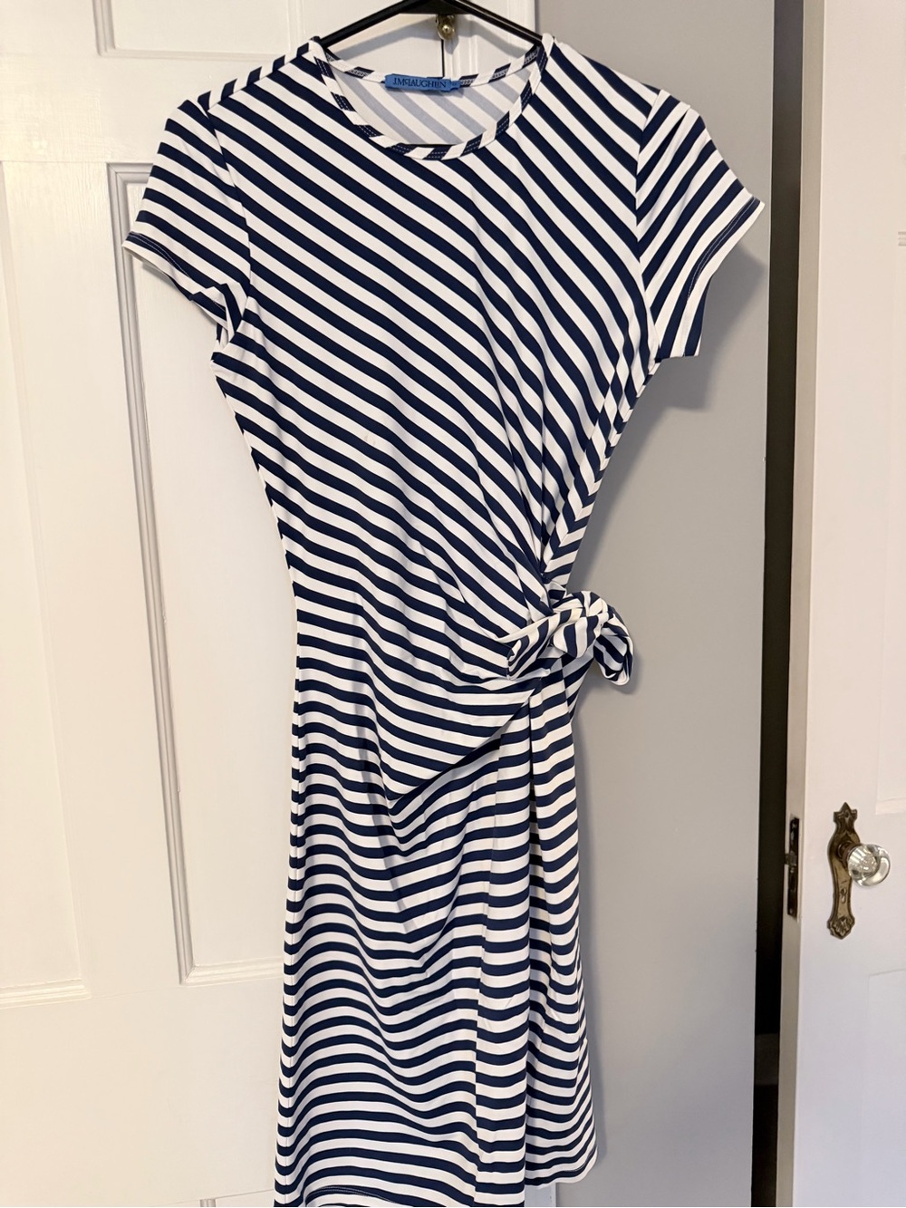 J. McLaughlin Navy and White Striped Midi Dress with Side Tie